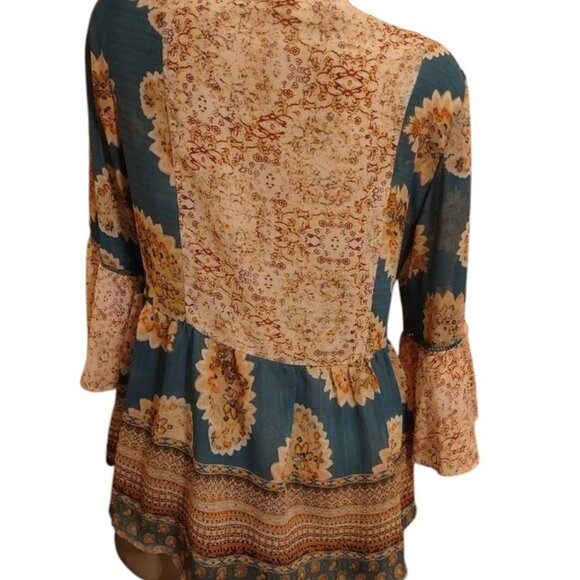 GORGEOUS BOHO 3/4 SLEEVES VINTAGE AMERICA BLUES PEASANT SHIRT SZ M - Picture 2 of 3